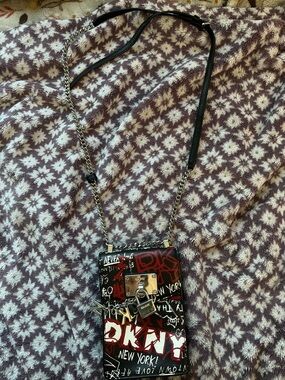 DKNY Black, Red & White Graffiti Phone Crossbody with Chain Strap